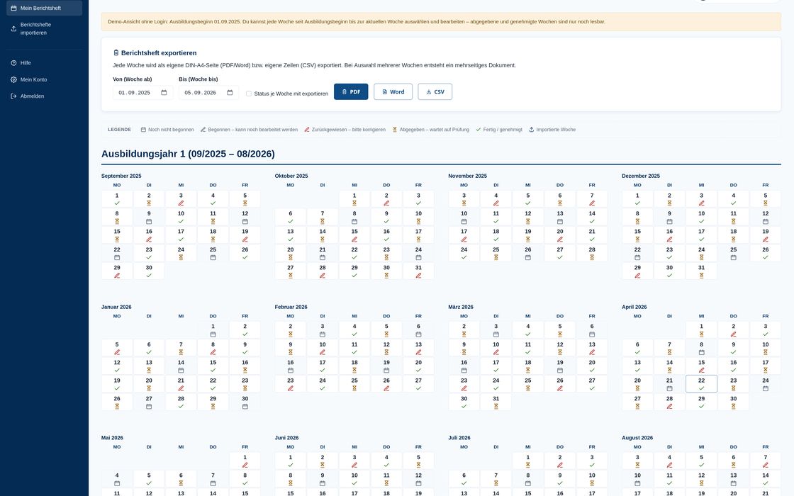 Berichtsheft-Kalender: Wochenübersicht des Ausbildungsjahres