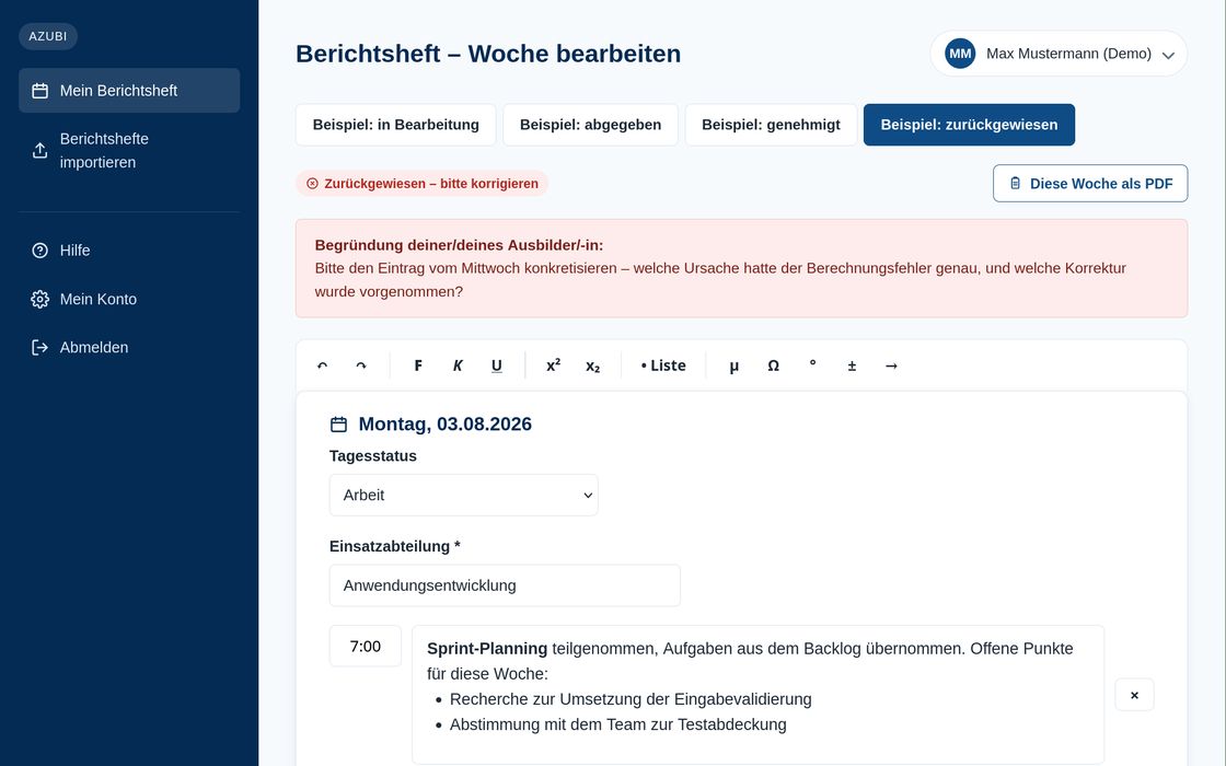 Wochen-Editor: Tätigkeiten eintragen und abgeben